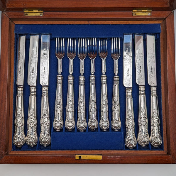 1862 年英國古董純銀甜點餐具 6 對套裝共 467 克 Martin & Hall 木盒